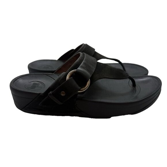 FitFlop Womens Lulu Adjustable Leather Toe-Post Sandals Black Leather Platform 8 - Picture 1 of 9